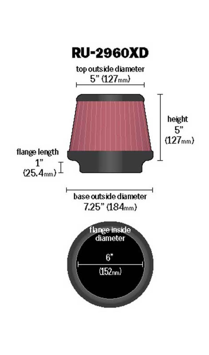 K&amp;N Universal Tapered Filter 6in Flange ID x 7.5in Base OD x 5in Top OD x 5in Height - RU-2960XD