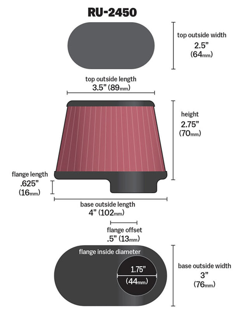K&amp;N Univ Clamp-On Air Filter - 1-3/4in FLG O/S 4in X 3in B 3in X 2in T 2-3/4inH OVAL - RU-2450