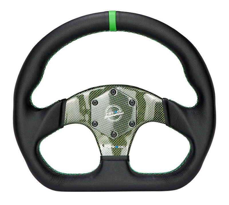 NRG Carbon Fiber Flat Bottom Steering Wheel (320mm) Green CF Center w/Green Stitch/Center Mark - RST-024CF/GN - close-up view 2 3 4