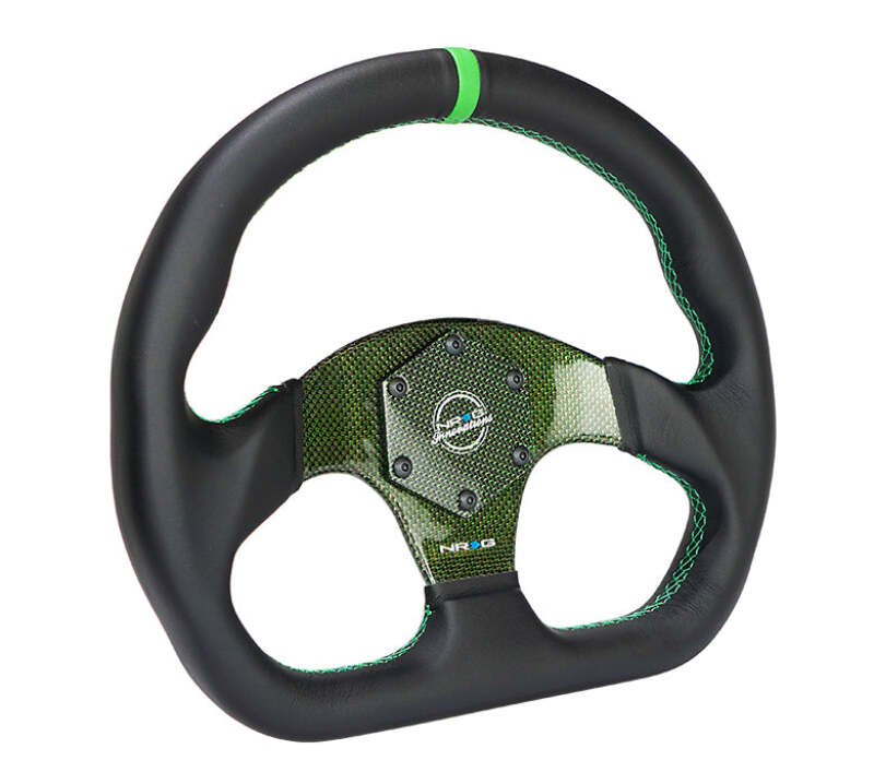 NRG Carbon Fiber Flat Bottom Steering Wheel (320mm) Green CF Center w/Green Stitch/Center Mark - RST-024CF/GN - front view