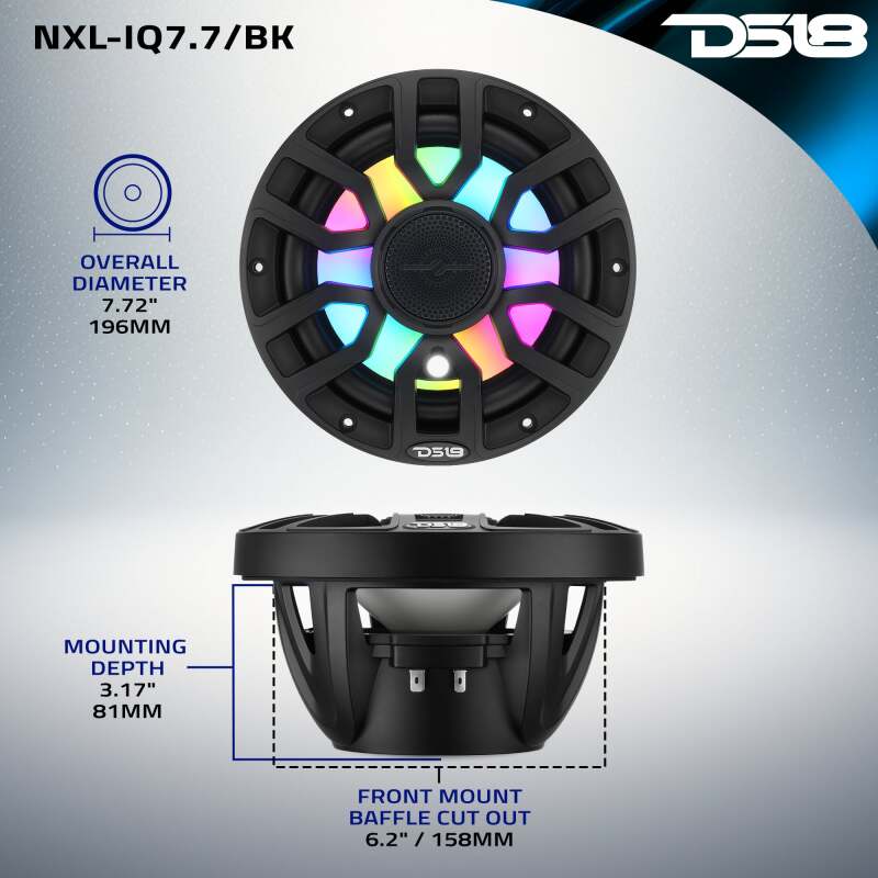DS18 7.7in 2-Way 175 Watts RMS 4ohm Dgtl LED Lights Bullet Tweeter Cvrs Incl Blk Built-in Deck Light - NXL-IQ7.7/BK - additional view 2