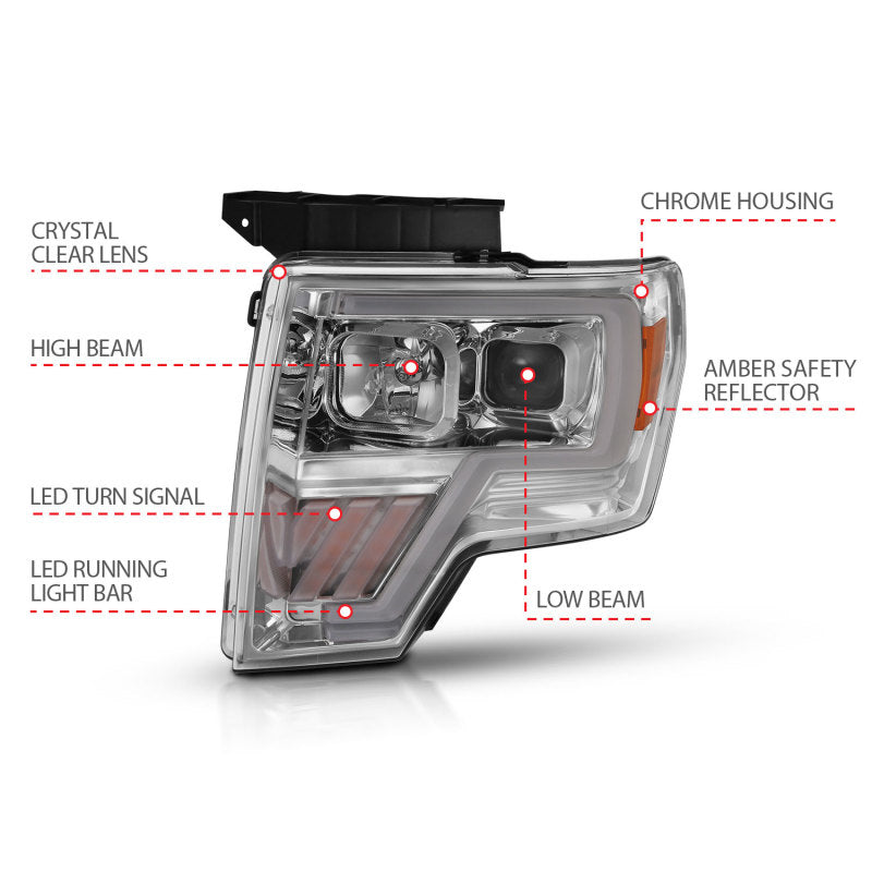 ANZO 2009-2014 Ford F-150 Projector Headlight Chrome Amber - 111446