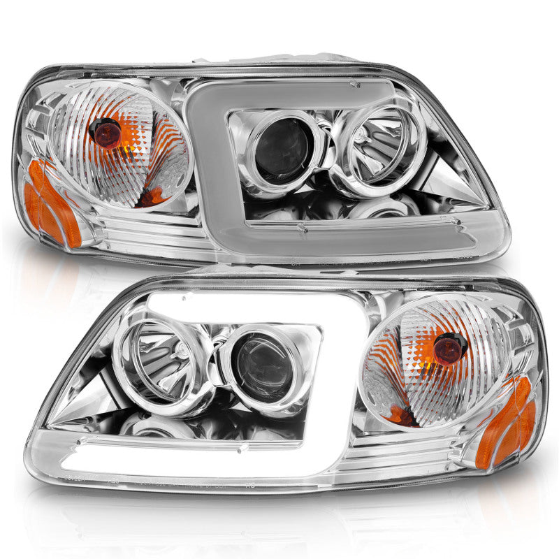 ANZO 1997-2003 Ford F-150 Projector Headlights w/ Light Bar Chrome Housing - 111504