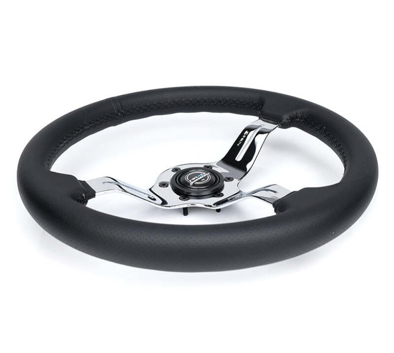 NRG Light Weight Gaming Steering Wheel - Splitz Chrome Silver Spokes Perforated Leather - ST-010CH-PR - close-up view 2 3