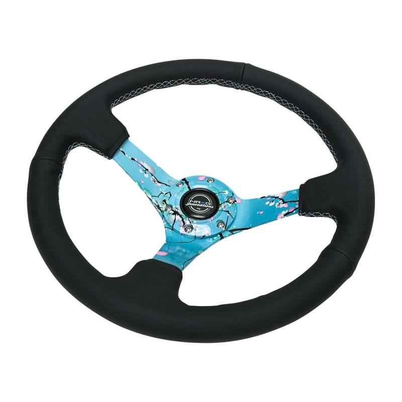 NRG Reinforced Suede Steering Wheel (350mm / 3in. Deep) Hydro Dipped Blossom Floral w/ Teal Stitch - RST-036BLOSSOM-S - close-up view 2 3 4