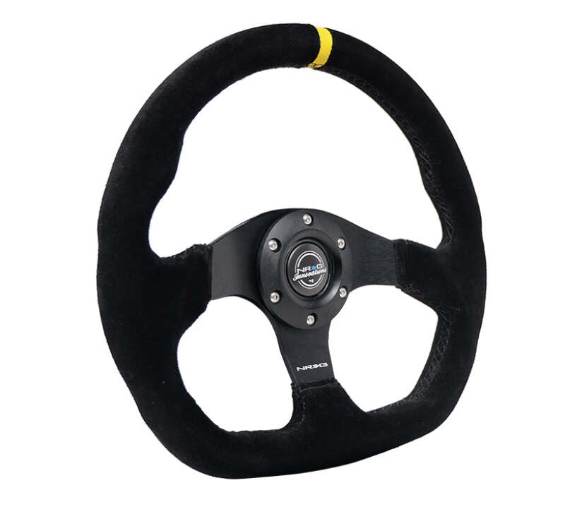 NRG Reinforced Steering Wheel (320mm) Sport Suede Flat Bottom w/ Yellow Center Mark - RST-024MB-S-Y - close-up view 2