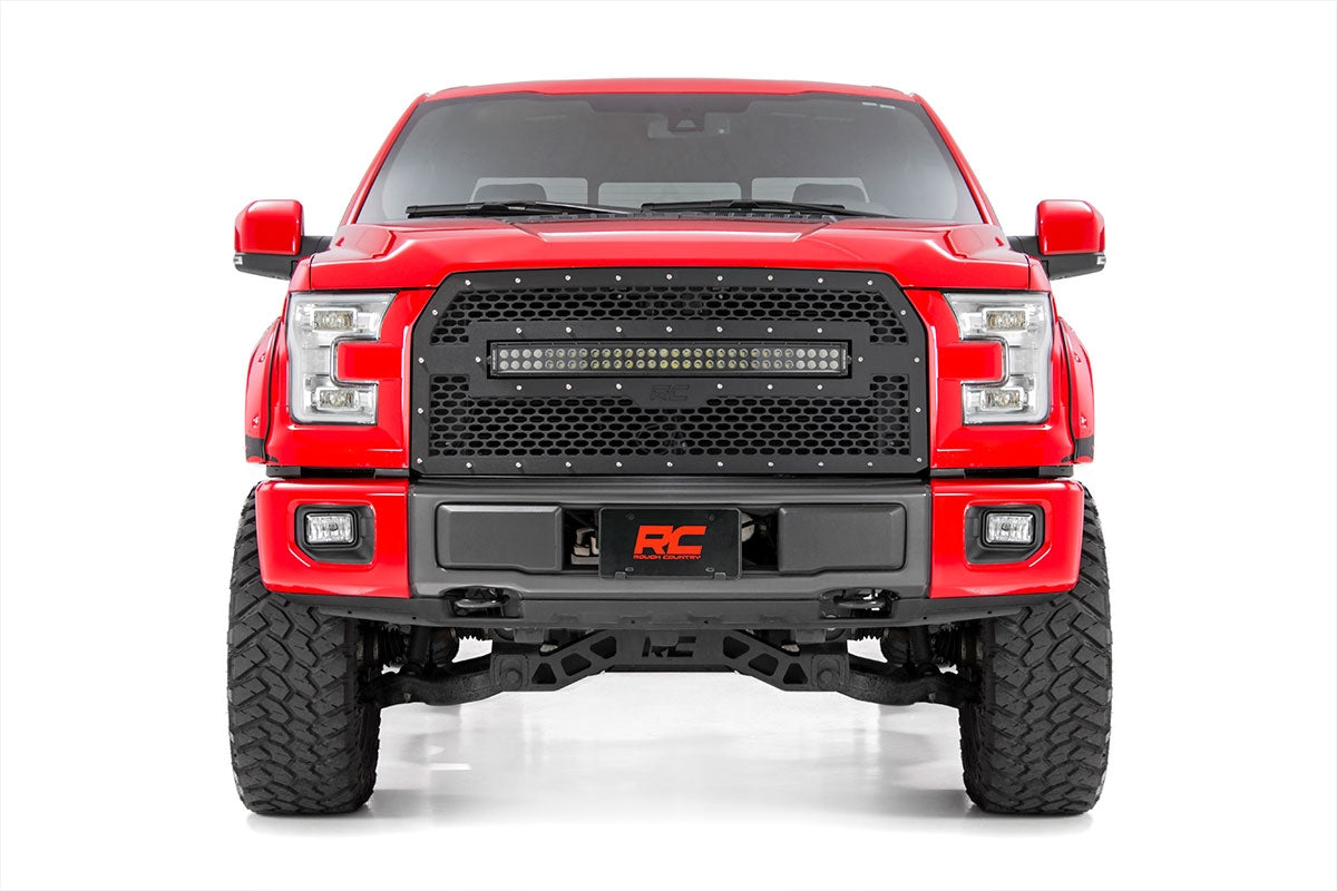 Rough Country - Mesh Grille - 30" Dual Row LED - Black - Amber DRL - Ford F-150 (15-17) - 70193BDA for 2015-2017 Ford F 150 -