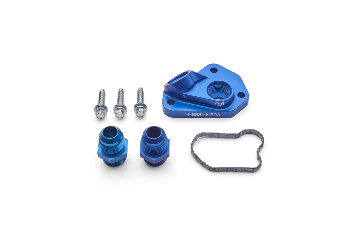 Ford Performance 2015-2025 Mustang 5.0L Coyote Oil Line Adaptor — detail (FRPM-6881-M50A)