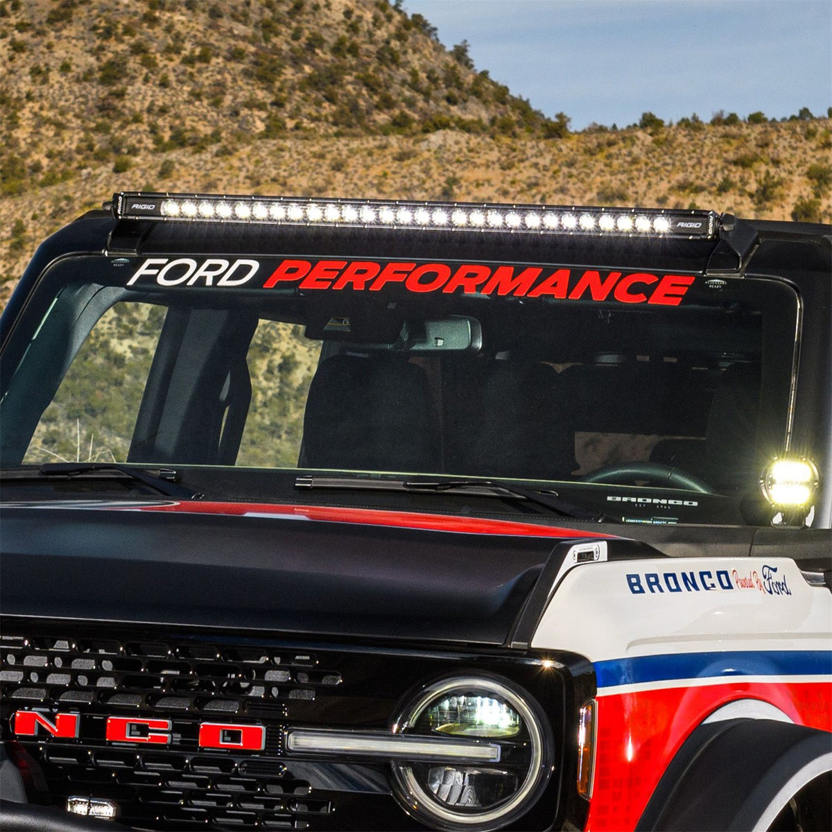 Ford Performance 2021-2025 Ford Performance Bronco Windshield Banner-White/Red — alternate view (FRPM-1820-BRR)