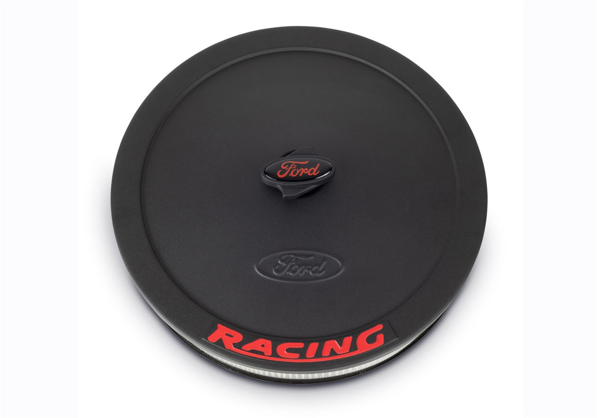 Ford Performance Air Cleaner Kit: Black Crinkle Finish, Red Ford Racing Emblem — in use (FRP302-352)