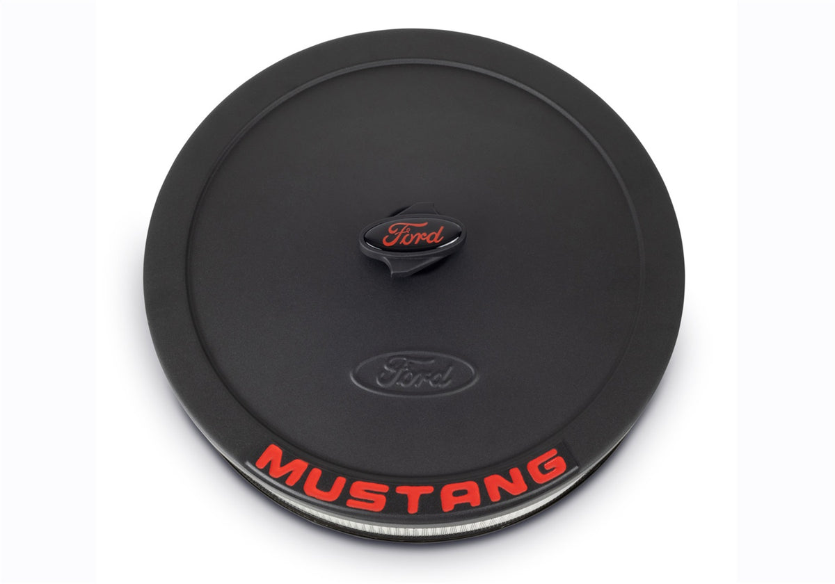 Ford Performance Air Cleaner Kit: Black Crinkle Finish, Red Mustang Emblem — in use (FRP302-362)