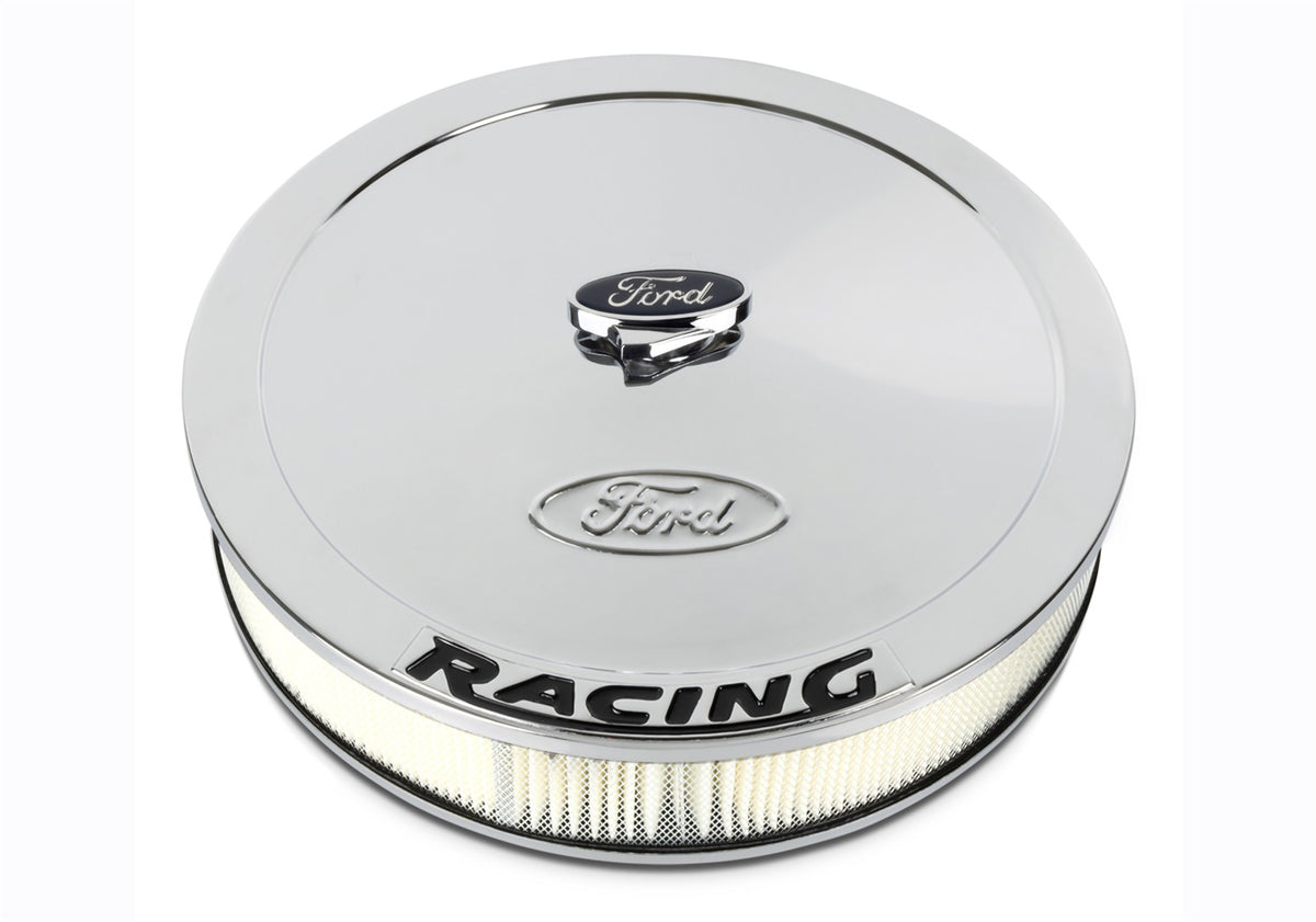 Ford Performance Air Cleaner Kit: Chrome, Ford Emblem And Black Ford Racing Emblem — in use (FRP302-351)