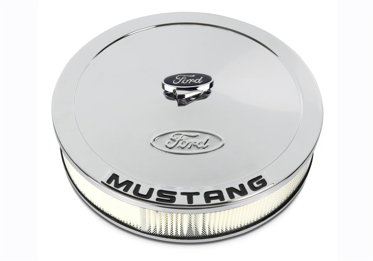 Ford Performance Air Cleaner Kit: Chrome, Ford Mustang Emblem — in use (FRP302-361)