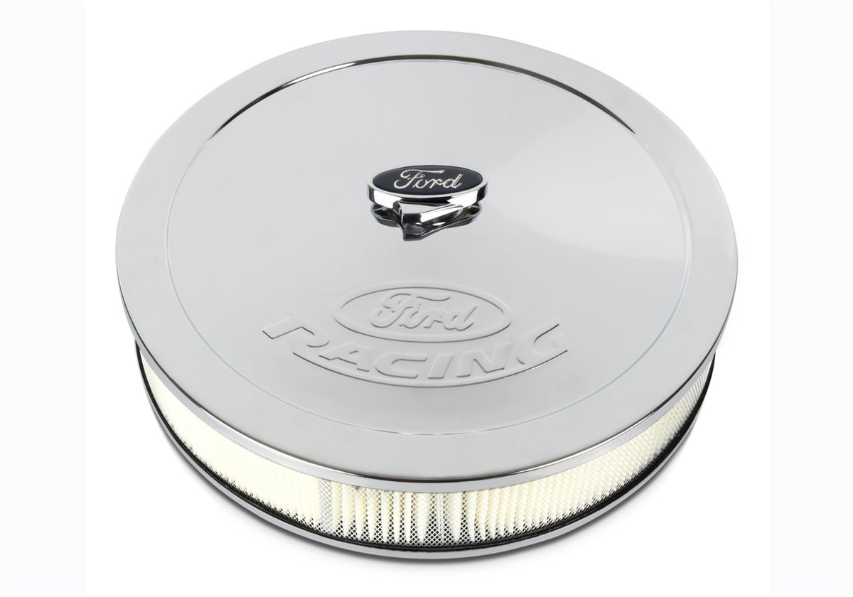 Ford Performance Air Cleaner Kit: Chrome, Ford Racing Emblem — in use (FRP302-350)