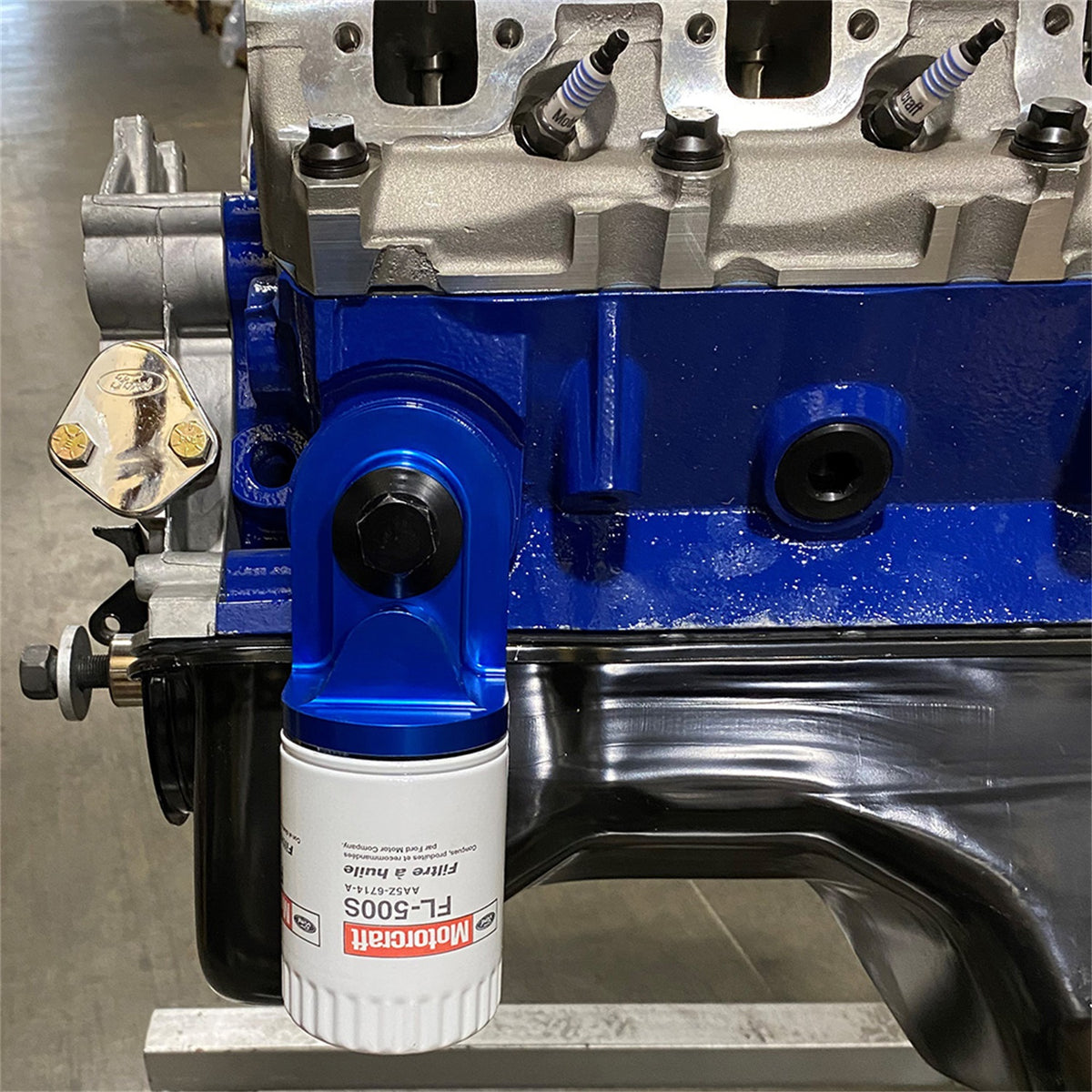 Ford Performance Billet 90 Degree Oil Filter Adaptor For Pushrod V8 Engines — in use (FRPM-6880-B50)