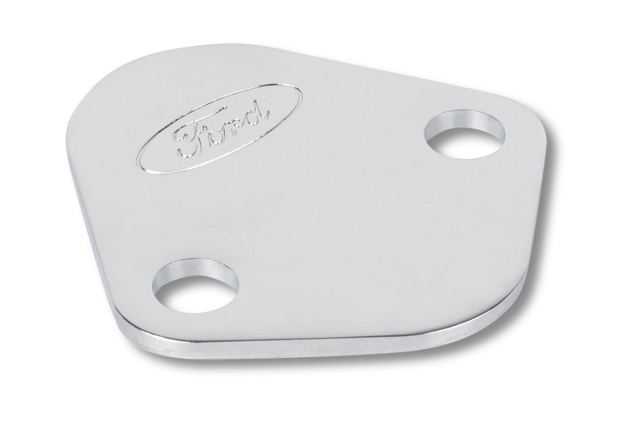 Ford Performance Ford Logo Fuel Pump Blockoff Plate: Chrome — detail (FRP302-290)