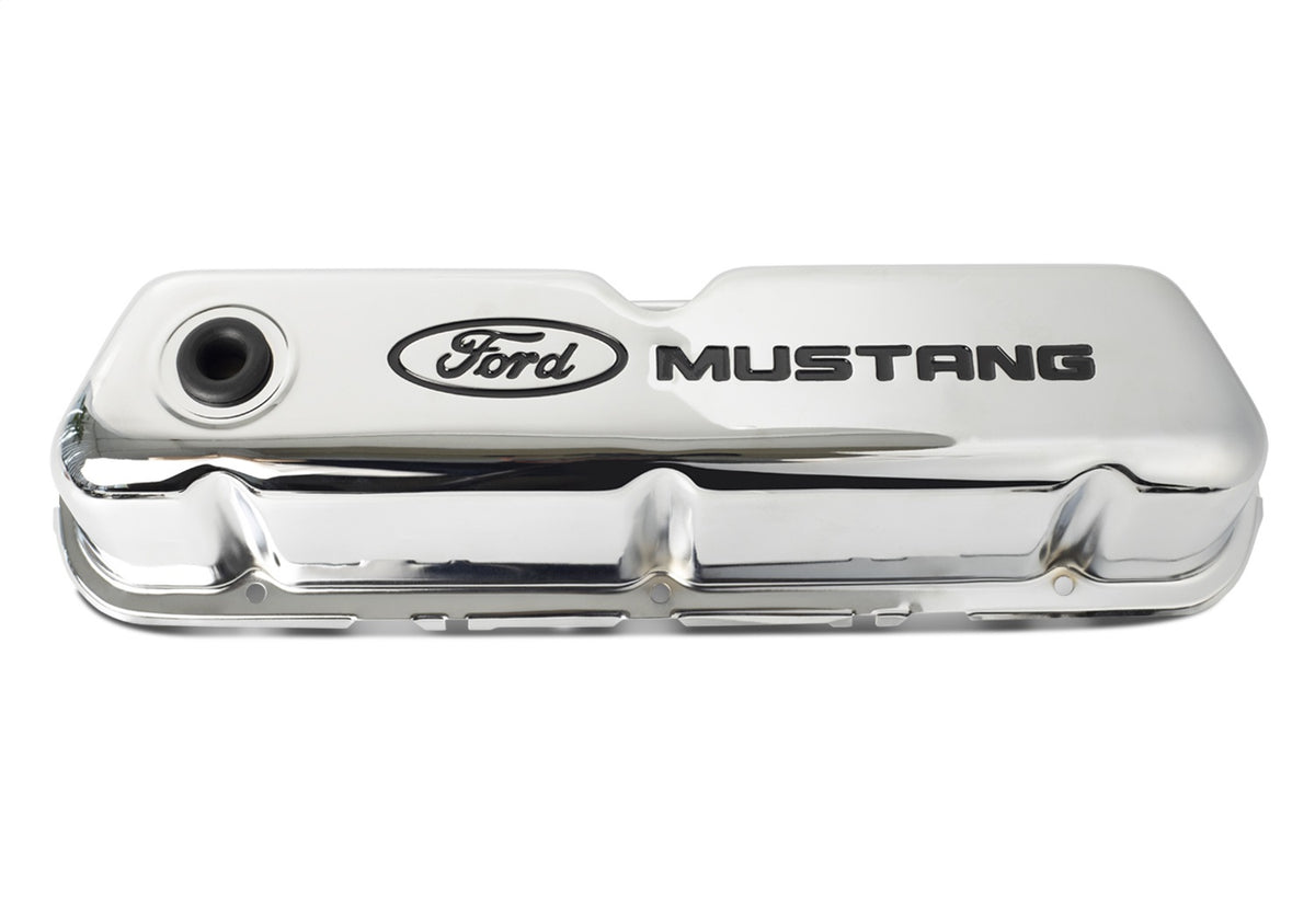 Ford Performance Ford Mustang Logo Stamped Steel Chrome Valve Covers — detail (FRP302-100)