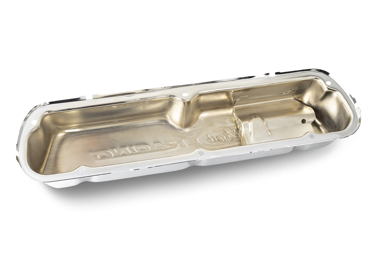 Ford Performance Ford Mustang Logo Stamped Steel Chrome Valve Covers — in use (FRP302-100)