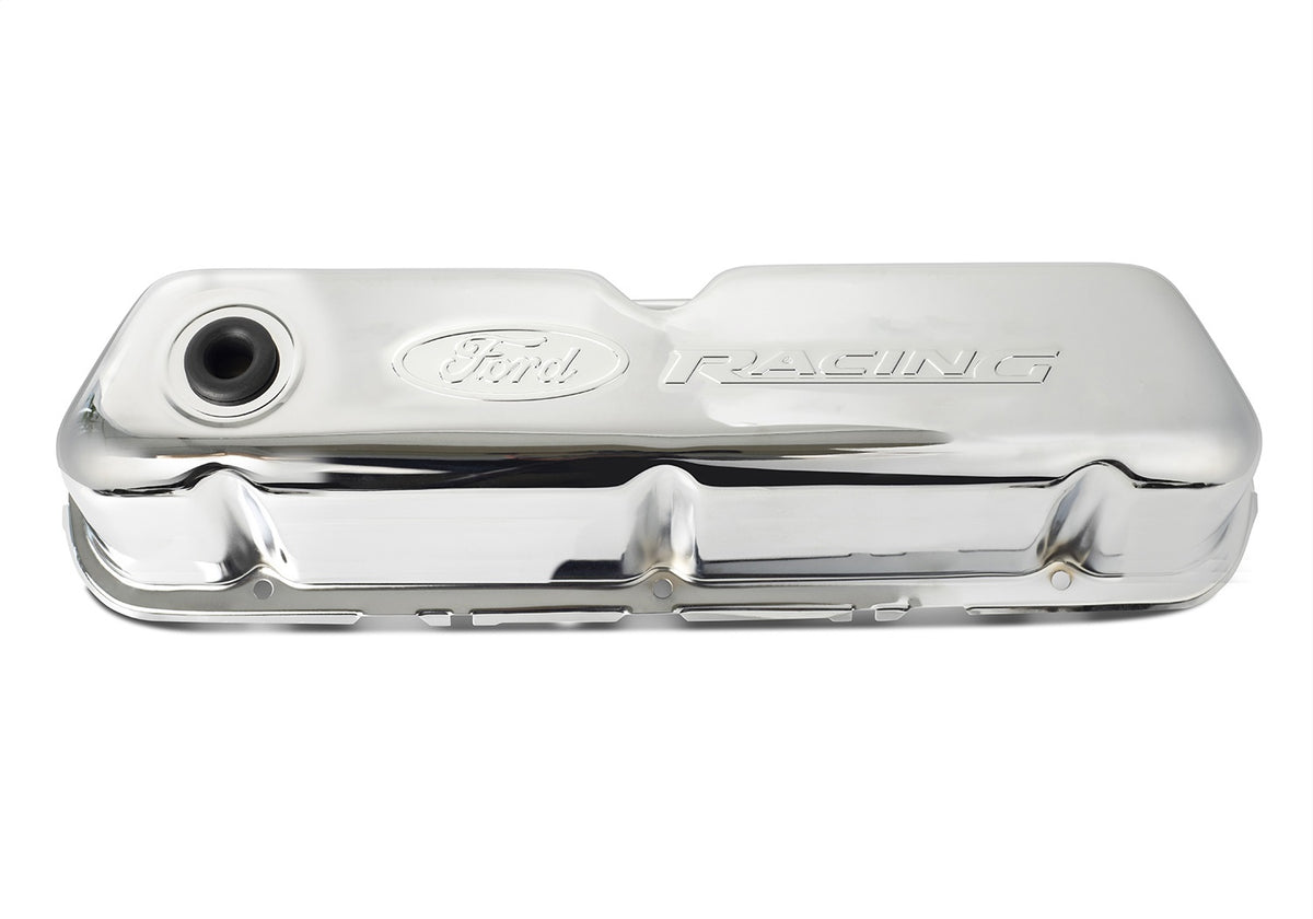 Ford Performance Ford Racing Embossed Logo Stamped Steel Valve Covers Chrome — detail (FRP302-070)