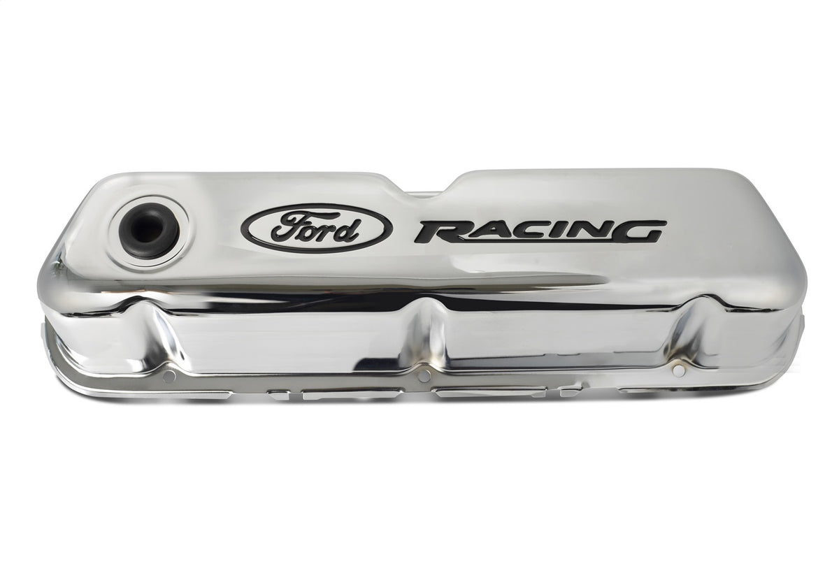 Ford Performance Ford Racing Logo Stamped Steel Valve Covers Chrome — detail (FRP302-071)