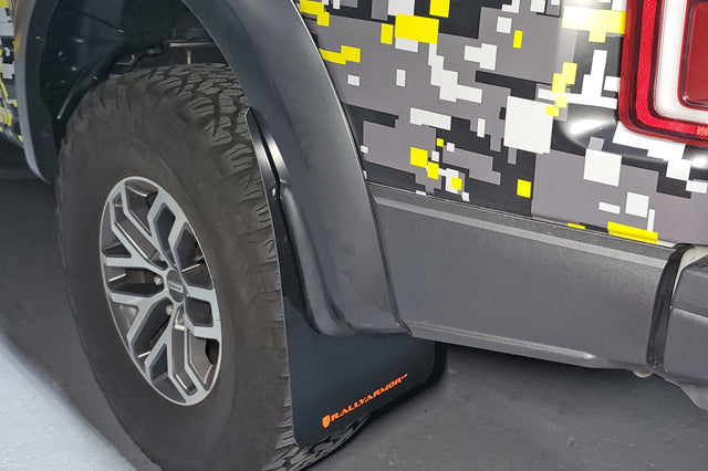 Rally Armor 17-20 Ford F-150 Raptor Gen 2 Black UR Mud Flap w/White Logo - MF53-UR-BLK/WH