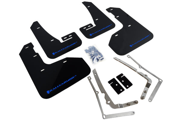 Rally Armor 15-17.5 VW Golf R Black UR Mud Flap w/ Blue Logo - MF40-UR-BLK/BL for 2015-2019 Volkswagen Golf R - front view