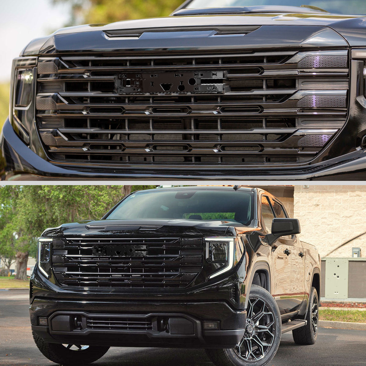 Spec-D Tuning - 2022-2025 GMC Sierra 1500 Glossy Black SLE Style Mesh Front Upper Hood Grille - HG-GMC2215JM-JB
