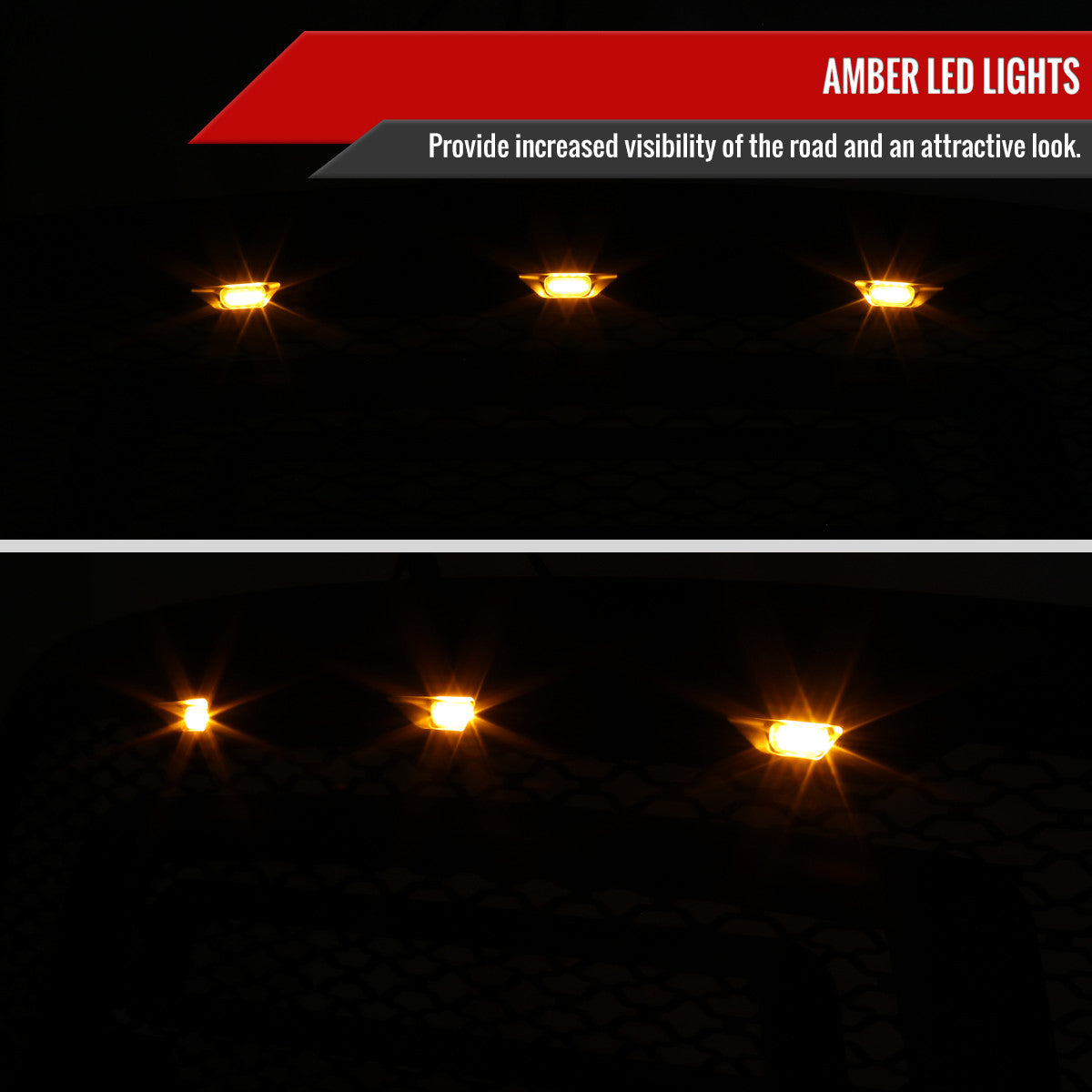 Spec-D Tuning - 2013-2018 Dodge RAM 1500 Rebel Style Front Hood Grille w/ Amber LED Lights - HG-RAM1315BB-LED-JB