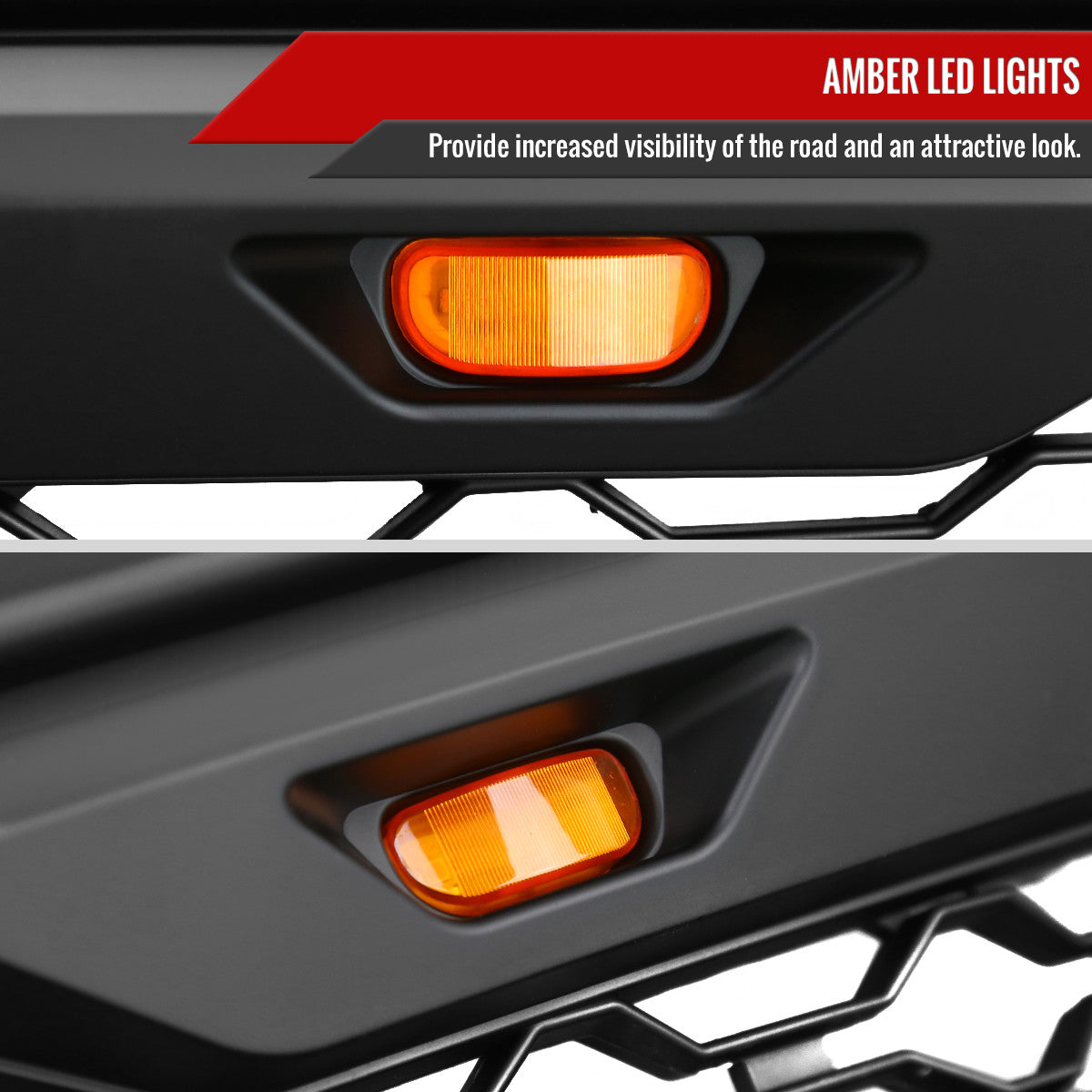 Spec-D Tuning - 2013-2018 Dodge RAM 1500 Rebel Style Front Hood Grille w/ Amber LED Lights - HG-RAM1315BB-LED-JB