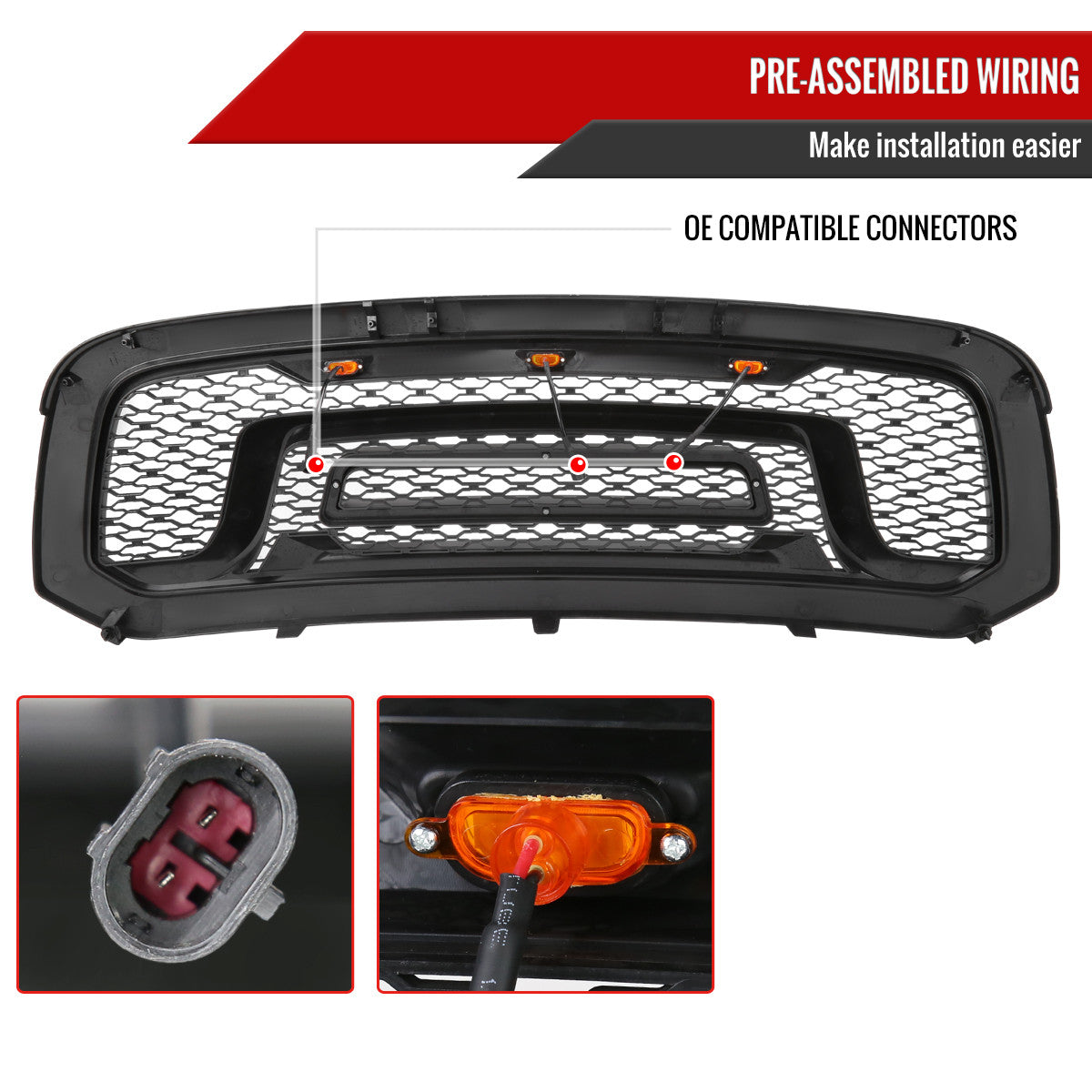 Spec-D Tuning - 2013-2018 Dodge RAM 1500 Rebel Style Front Hood Grille w/ Amber LED Lights - HG-RAM1315BB-LED-JB
