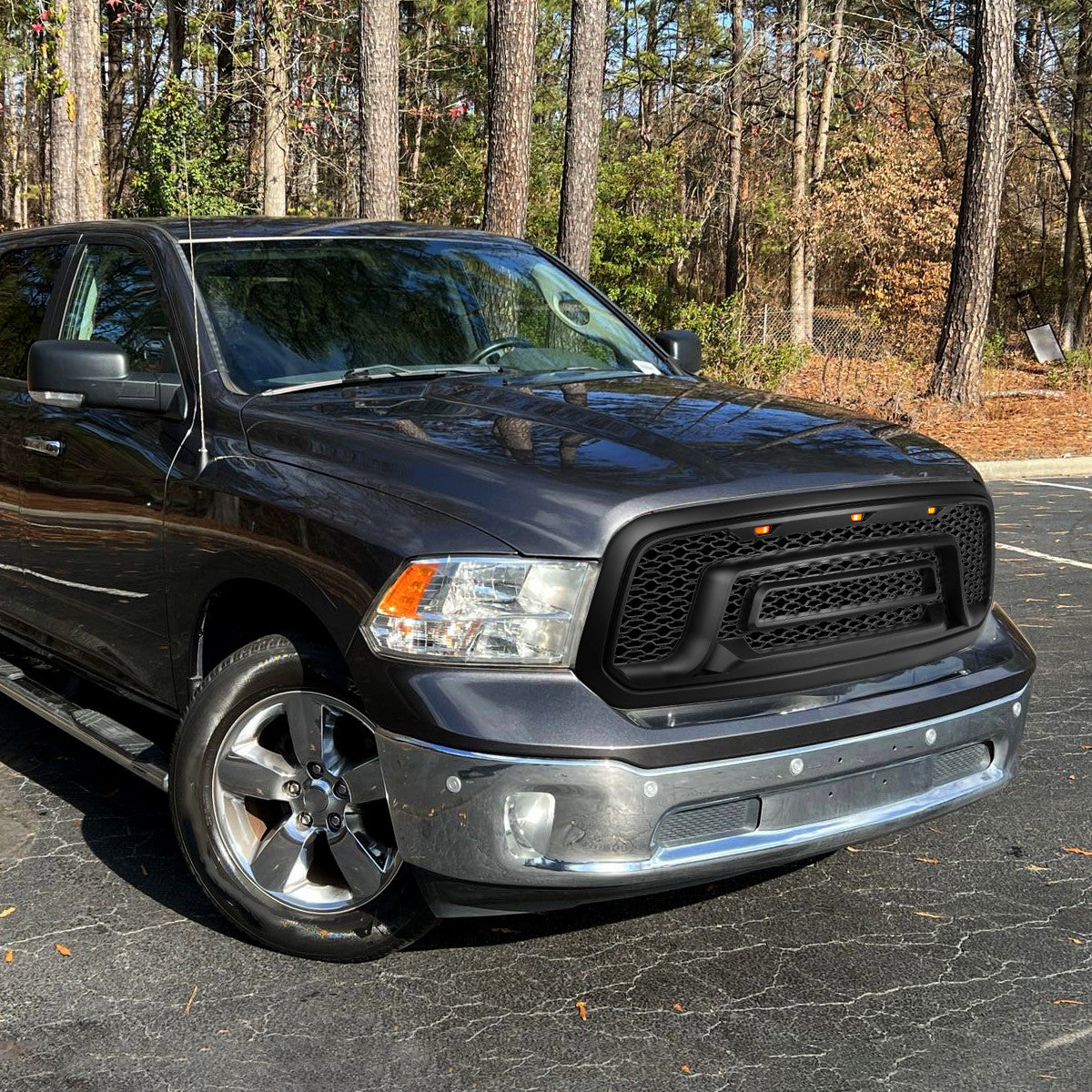 Spec-D Tuning - 2013-2018 Dodge RAM 1500 Rebel Style Front Hood Grille w/ Amber LED Lights - HG-RAM1315BB-LED-JB