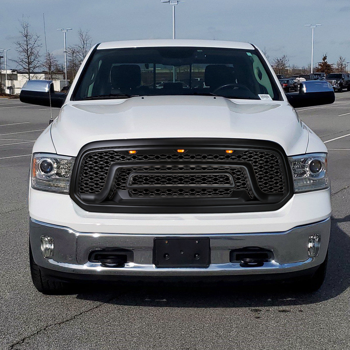 Spec-D Tuning - 2013-2018 Dodge RAM 1500 Rebel Style Front Hood Grille w/ Amber LED Lights - HG-RAM1315BB-LED-JB