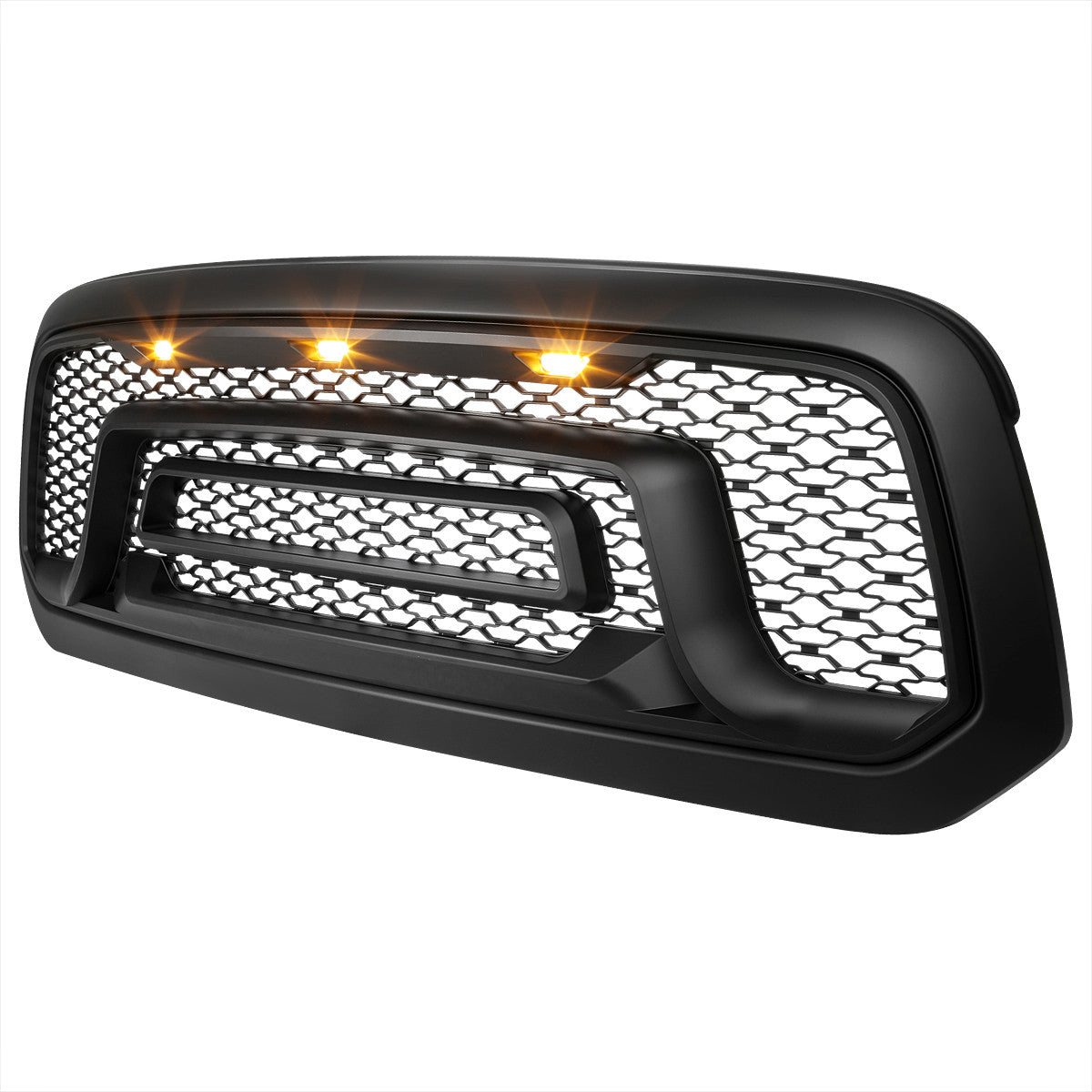 Spec-D Tuning - 2013-2018 Dodge RAM 1500 Rebel Style Front Hood Grille w/ Amber LED Lights - HG-RAM1315BB-LED-JB