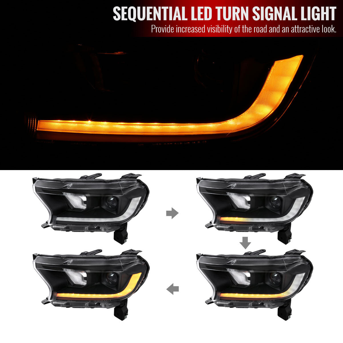 Spec-D Tuning - 2019-2022 Ford Ranger Switchback Sequential LED Bar Projector Headlights (Matte Black Housing/Clear Lens) - LHP-RAN19JM-SQ-RS