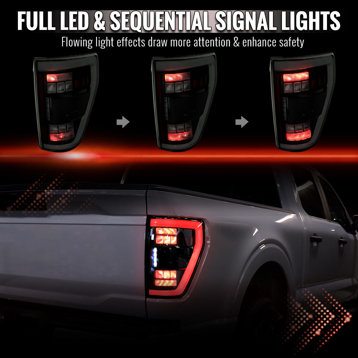 Spec-D Tuning - 2021-2023 Ford F-150 Full LED Tail Lights with White Light Bar Sequential Turn Signal, Startup Animation & Factory BSM Compatibility (Black Housing / Smoked Lens) - LT-F15021BBBSM-SQ-RS