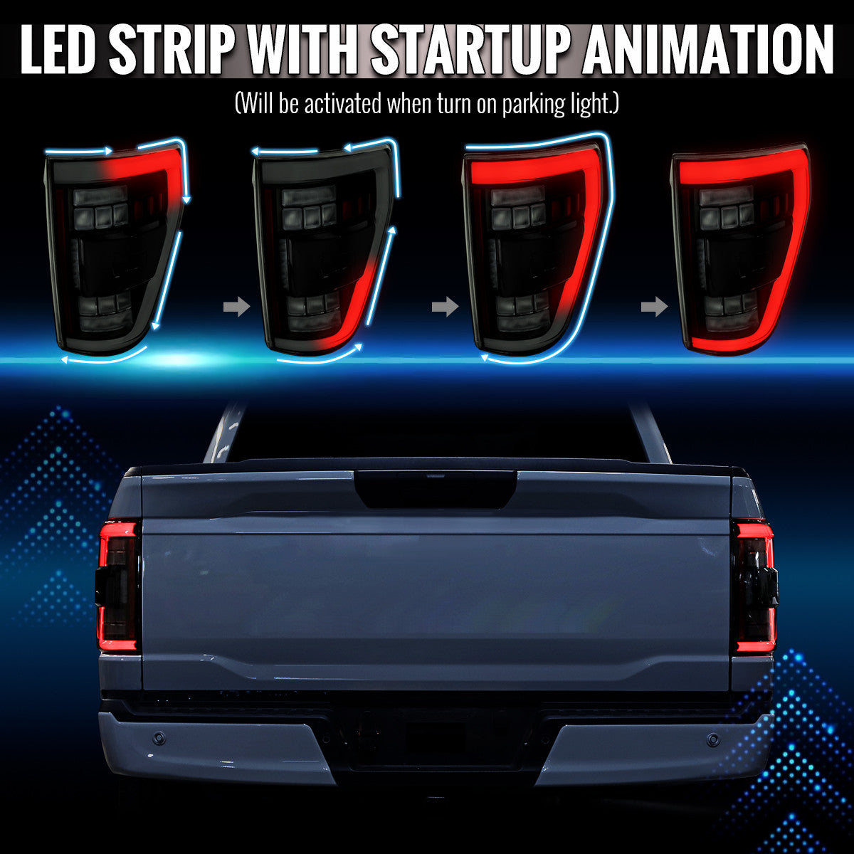 Spec-D Tuning - 2021-2023 Ford F-150 Full LED Tail Lights with White Light Bar Sequential Turn Signal, Startup Animation & Factory BSM Compatibility (Black Housing / Smoked Lens) - LT-F15021BBBSM-SQ-RS