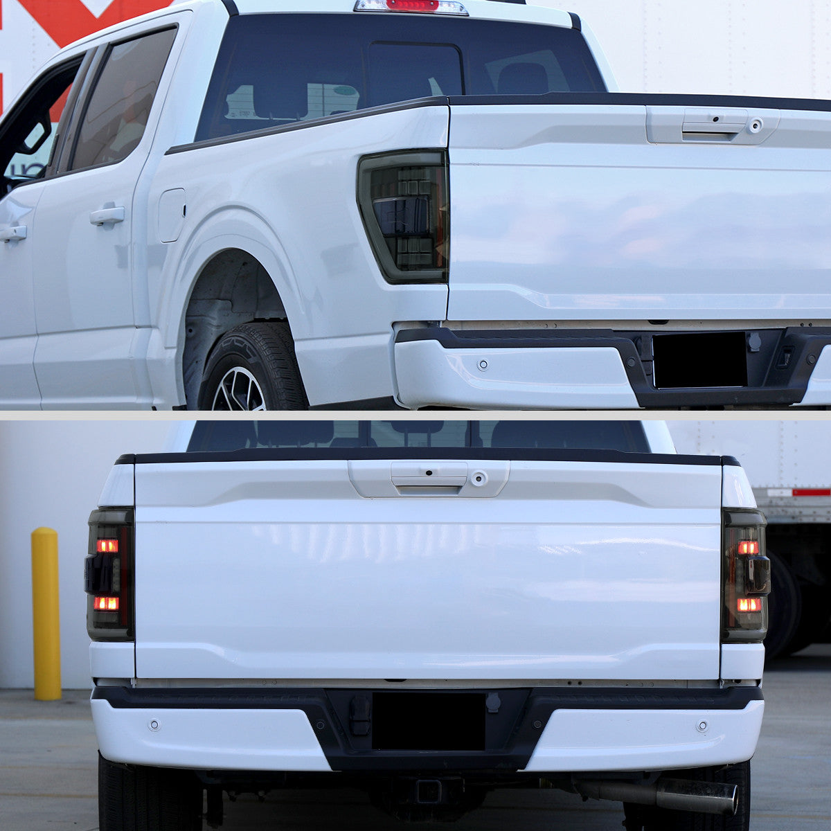 Spec-D Tuning - 2021-2023 Ford F-150 Full LED Tail Lights with White Light Bar Sequential Turn Signal, Startup Animation & Factory BSM Compatibility (Black Housing / Smoked Lens) - LT-F15021BBBSM-SQ-RS
