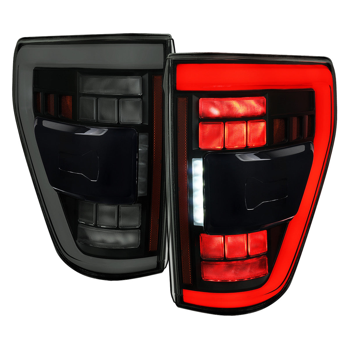 Spec-D Tuning - 2021-2023 Ford F-150 Full LED Tail Lights with White Light Bar Sequential Turn Signal, Startup Animation & Factory BSM Compatibility (Black Housing / Smoked Lens) - LT-F15021BBBSM-SQ-RS