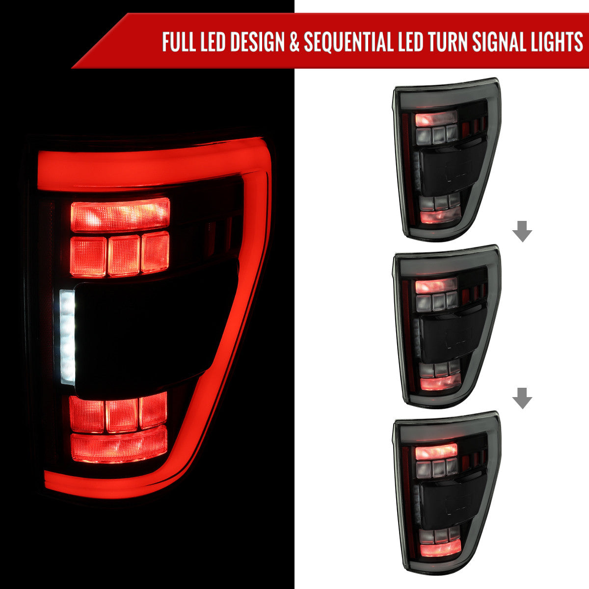 Spec-D Tuning - 2021–2023 Ford F-150 LED Tail Lights w/ Switchback Sequential Turn Signals (Glossy Black Housing / Smoked Lens) - LT-F15021BBLED-SQ-RS