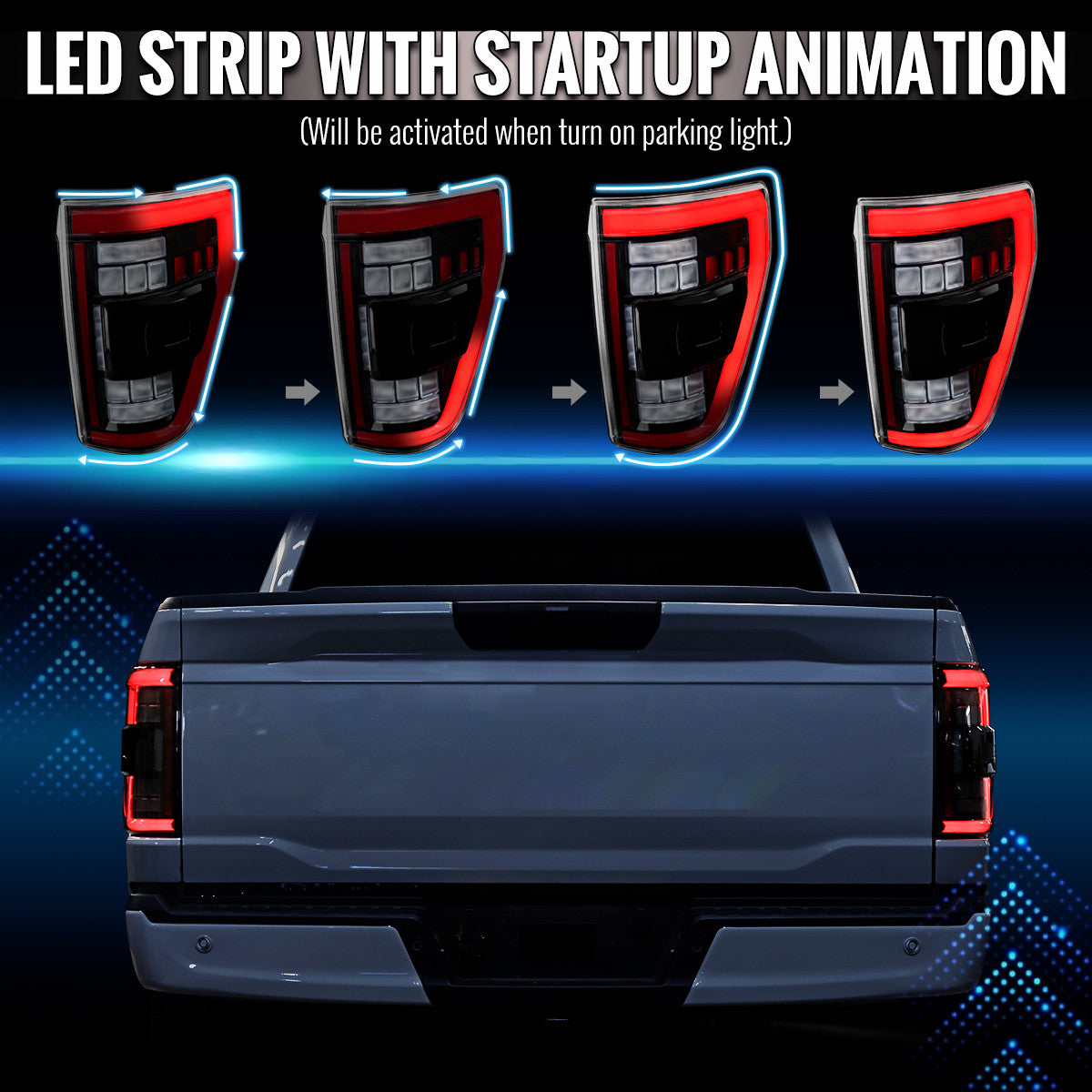 Spec-D Tuning - 2021-2023 Ford F-150 Full LED Tail Lights with Red Light Bar Sequential Turn Signal, Startup Animation & Factory BSM Compatibility (Glossy Black Housing / Clear Lens) - LT-F15021BKBSM-SQ-RS