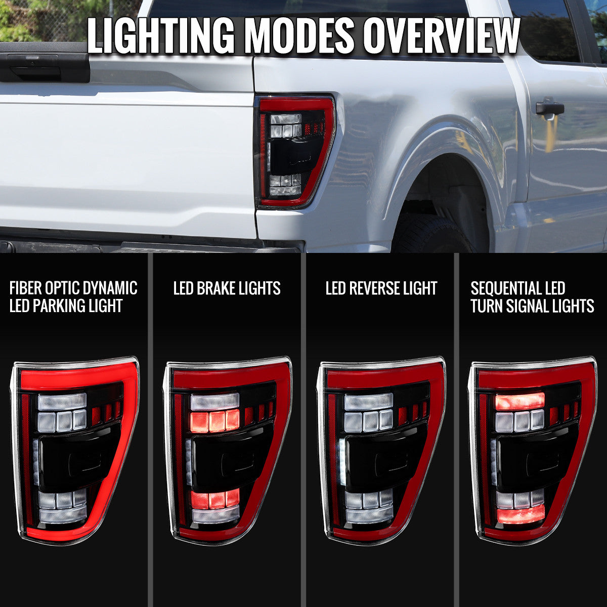 Spec-D Tuning - 2021-2023 Ford F-150 Full LED Tail Lights with Red Light Bar Sequential Turn Signal, Startup Animation & Factory BSM Compatibility (Glossy Black Housing / Clear Lens) - LT-F15021BKBSM-SQ-RS