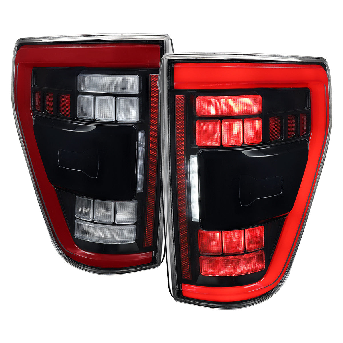 Spec-D Tuning - 2021-2023 Ford F-150 Full LED Tail Lights with Red Light Bar Sequential Turn Signal, Startup Animation & Factory BSM Compatibility (Glossy Black Housing / Clear Lens) - LT-F15021BKBSM-SQ-RS