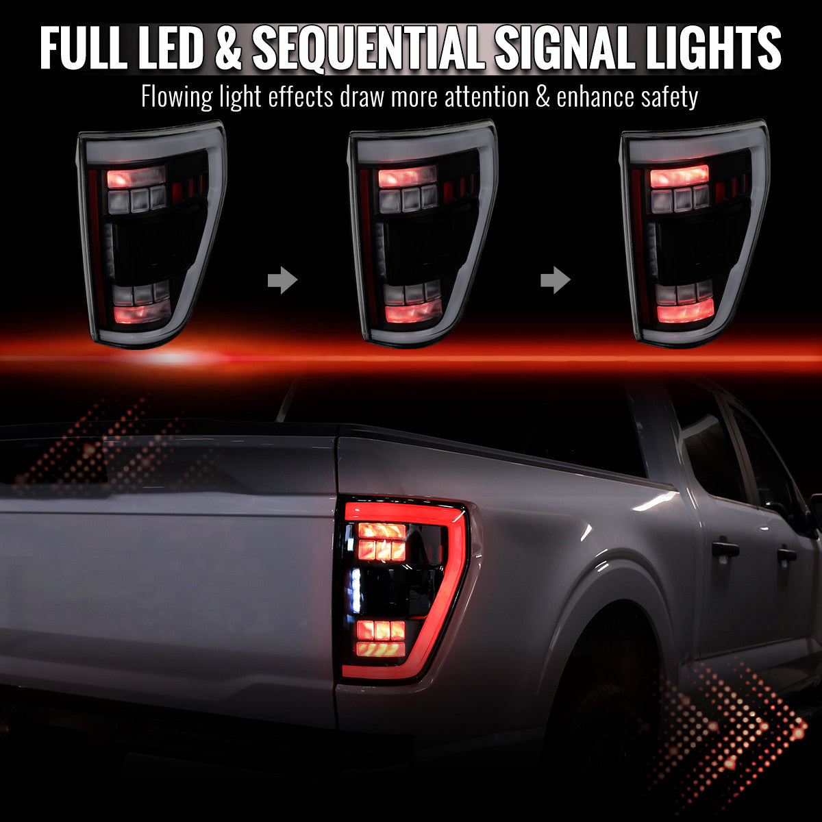 Spec-D Tuning - 2021-2023 Ford F-150 Full LED Tail Lights with White Light Bar Sequential Turn Signal, Startup Animation & Factory BSM Compatibility (Black Housing / Clear Lens) - LT-F15021JMBSM-SQ-RS