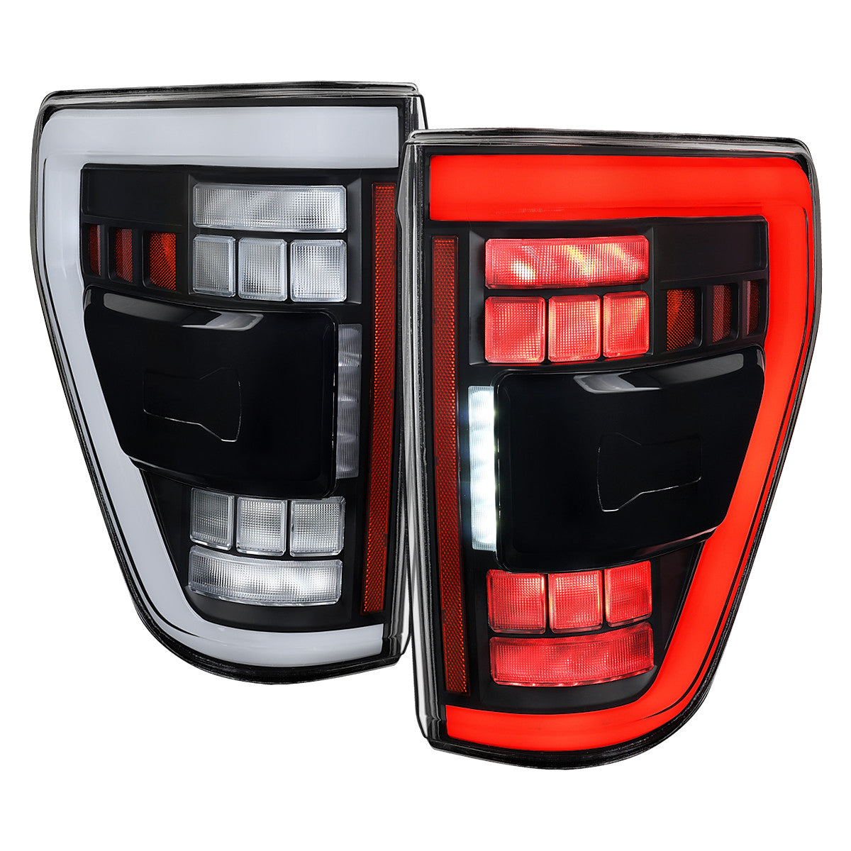 Spec-D Tuning - 2021-2023 Ford F-150 Full LED Tail Lights with White Light Bar Sequential Turn Signal, Startup Animation & Factory BSM Compatibility (Black Housing / Clear Lens) - LT-F15021JMBSM-SQ-RS