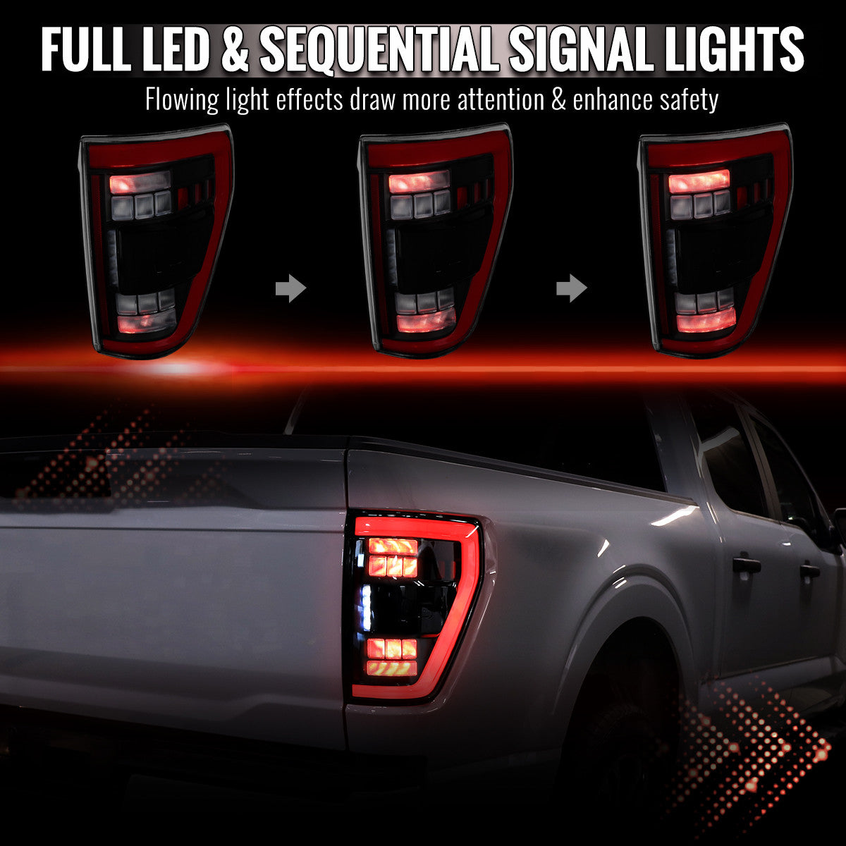 Spec-D Tuning - 2021-2023 Ford F-150 Full LED Tail Lights with Red Light Bar Sequential Turn Signal, Startup Animation & Factory BSM Compatibility (Matte Black Housing / Clear Lens) - LT-F15021JRBSM-SQ-RS