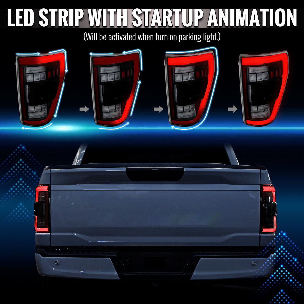 Spec-D Tuning - 2021-2023 Ford F-150 Full LED Tail Lights with Red Light Bar Sequential Turn Signal, Startup Animation & Factory BSM Compatibility (Matte Black Housing / Clear Lens) - LT-F15021JRBSM-SQ-RS