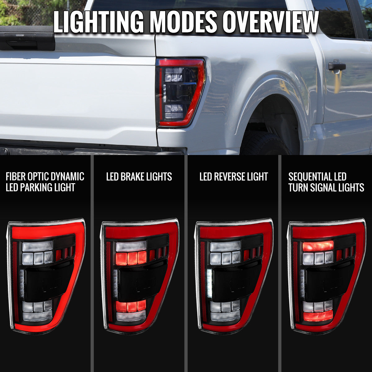 Spec-D Tuning - 2021-2023 Ford F-150 Full LED Tail Lights with Red Light Bar Sequential Turn Signal, Startup Animation & Factory BSM Compatibility (Matte Black Housing / Clear Lens) - LT-F15021JRBSM-SQ-RS