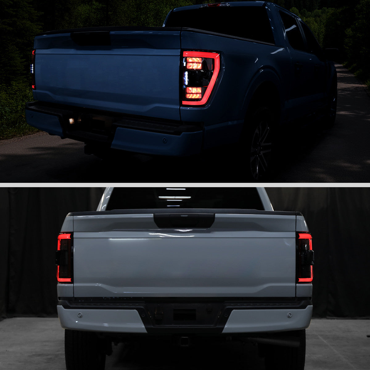 Spec-D Tuning - 2021-2023 Ford F-150 Full LED Tail Lights with Red Light Bar Sequential Turn Signal, Startup Animation & Factory BSM Compatibility (Matte Black Housing / Clear Lens) - LT-F15021JRBSM-SQ-RS