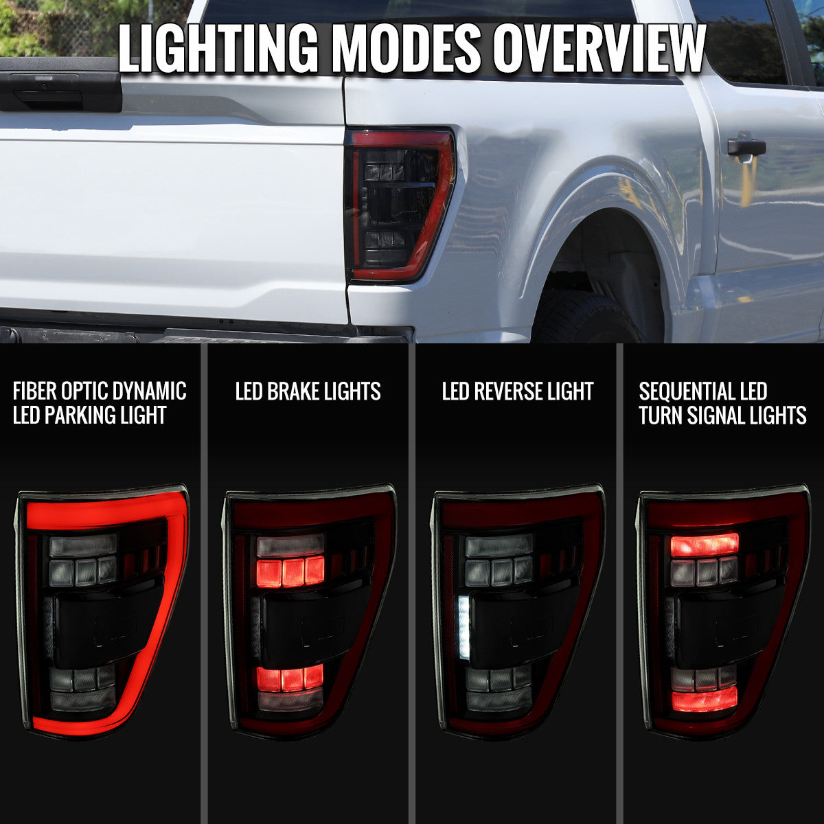Spec-D Tuning - 2021-2023 Ford F-150 Full LED Tail Lights with Red Light Bar Sequential Turn Signal, Startup Animation & Factory BSM Compatibility (Black Housing / Smoked Lens) - LT-F15021SMBSM-SQ-RS