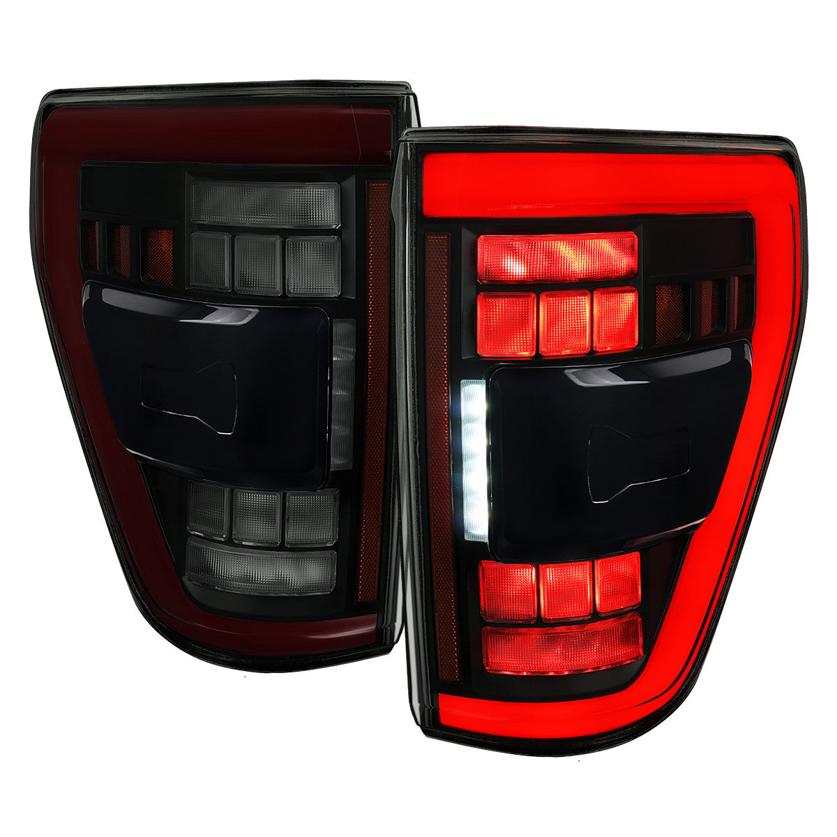 Spec-D Tuning - 2021-2023 Ford F-150 Full LED Tail Lights with Red Light Bar Sequential Turn Signal, Startup Animation & Factory BSM Compatibility (Black Housing / Smoked Lens) - LT-F15021SMBSM-SQ-RS